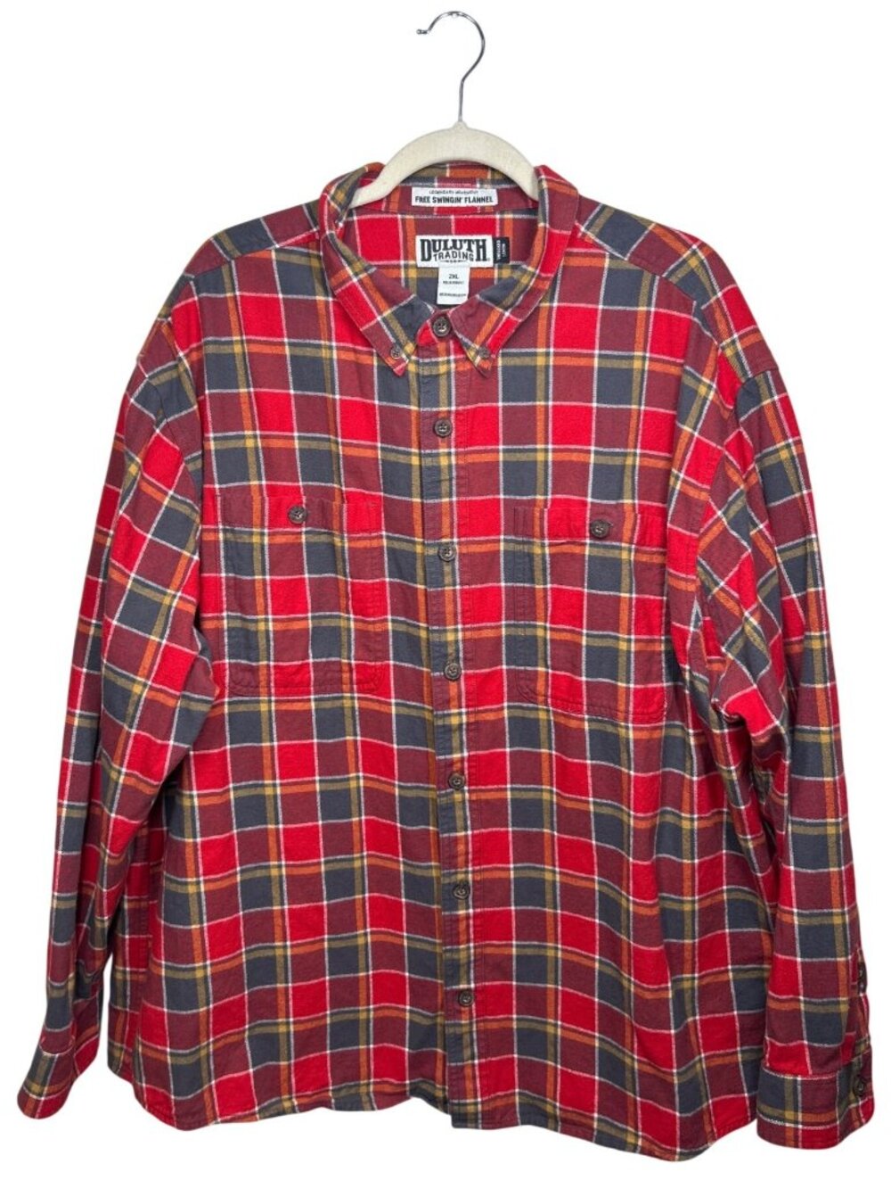 Duluth Trading Co Free Swingin Flannel Shirt Men's 2XL Red Plaid Relaxed Fit
